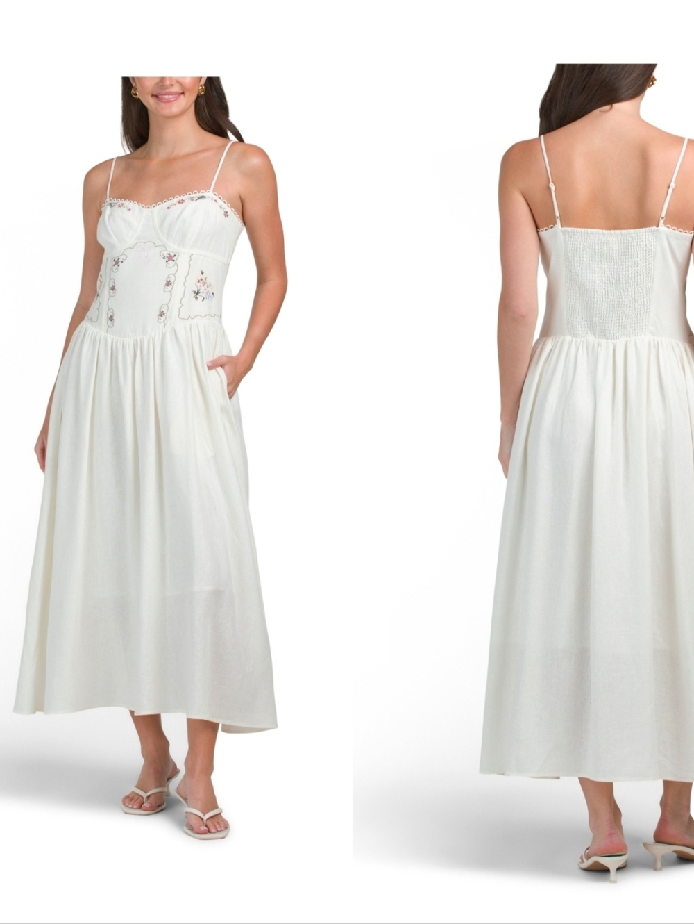 💕🔹️Camila Coelho 🔹️light Blush Linen Fot & Flare Lined Embroidered Midi Dress